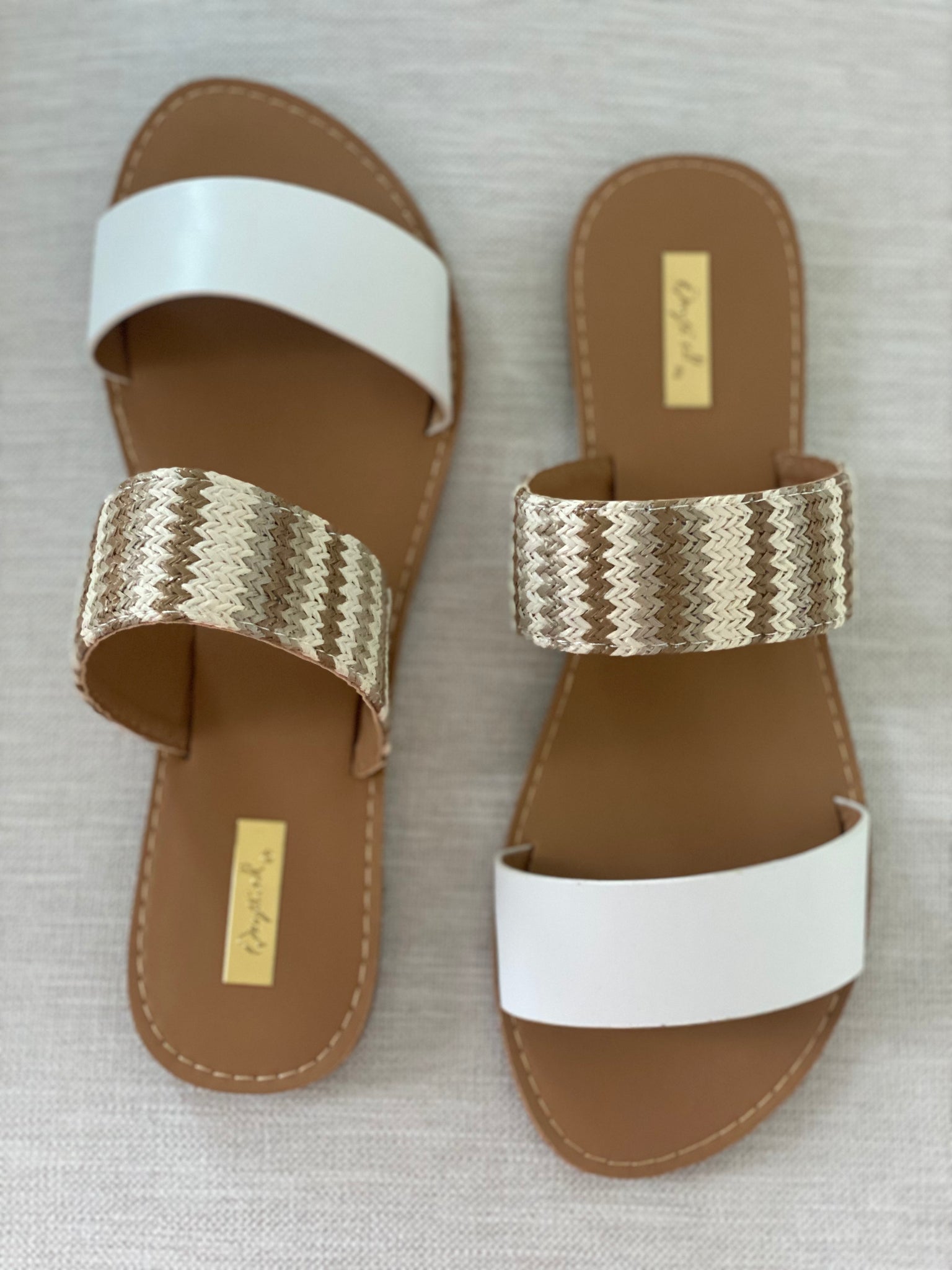 White and Tan Slide Sandals