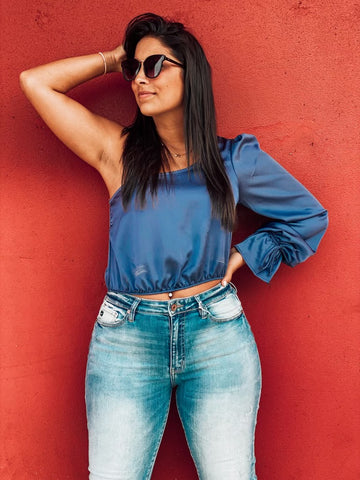 Blue Denim Turning Heads Off Shoulder Crop