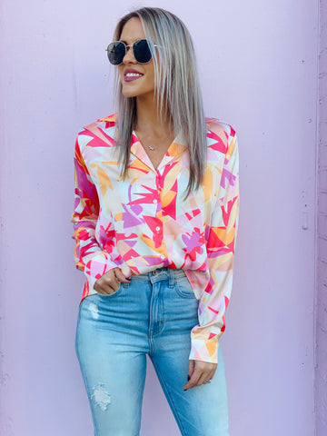 Long Sleeve Retro Print Top