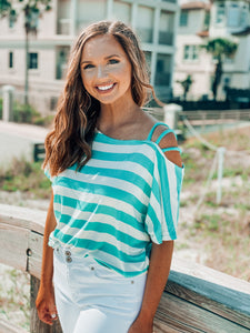 Ivory and Mint Khloe Striped Caged Top