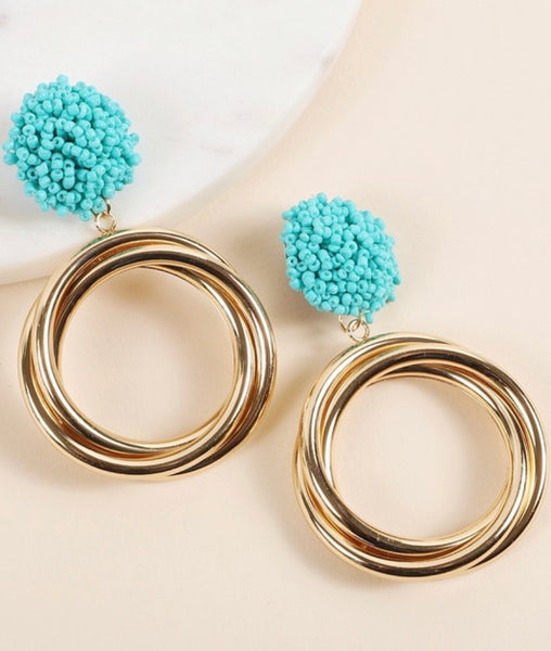 Gold Circle Turquoise Pom Pom Earrings