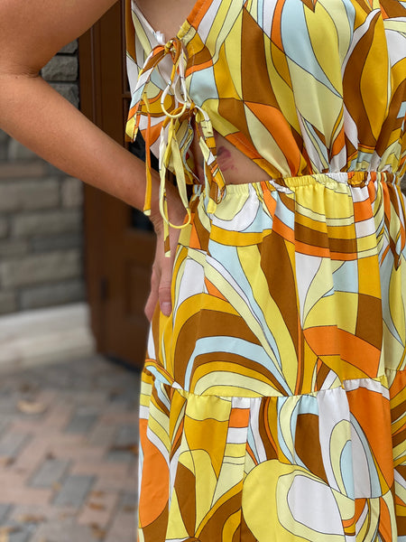 Orange Multicolor Maxi Dress with Side Cut Outs